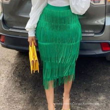 High Waist Stretch Sheath Green Fringe Pencil Tassel Girl Skirts